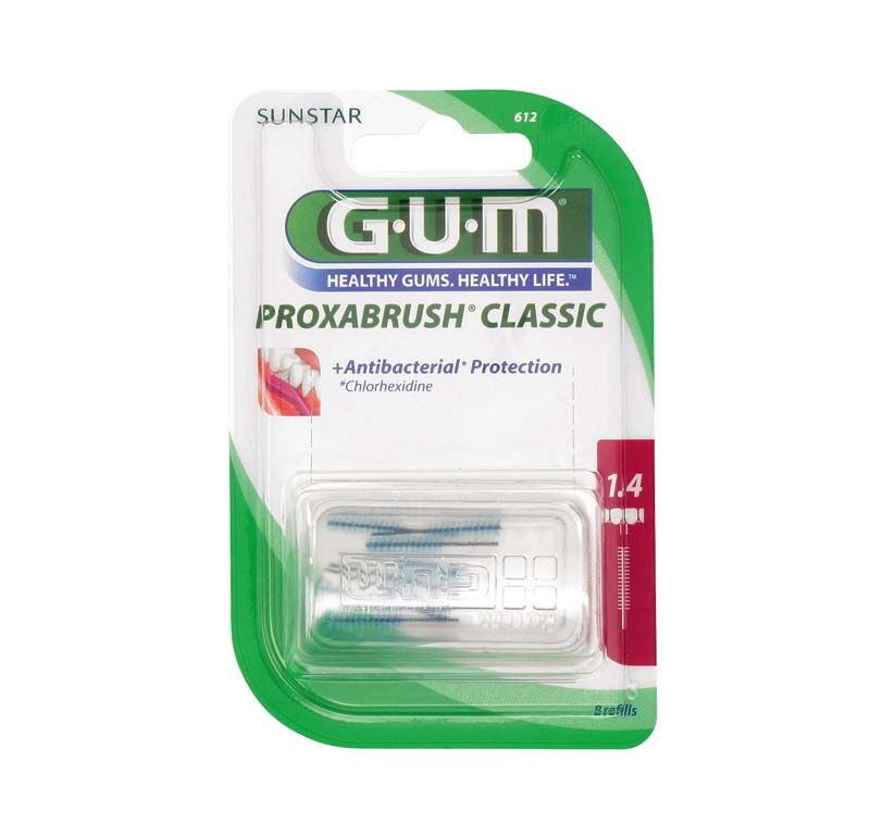 GUM PROXABRUSH CLASSIC Ersatzbürsten in pinker Verpackung mit antibakterieller Schutzangabe.