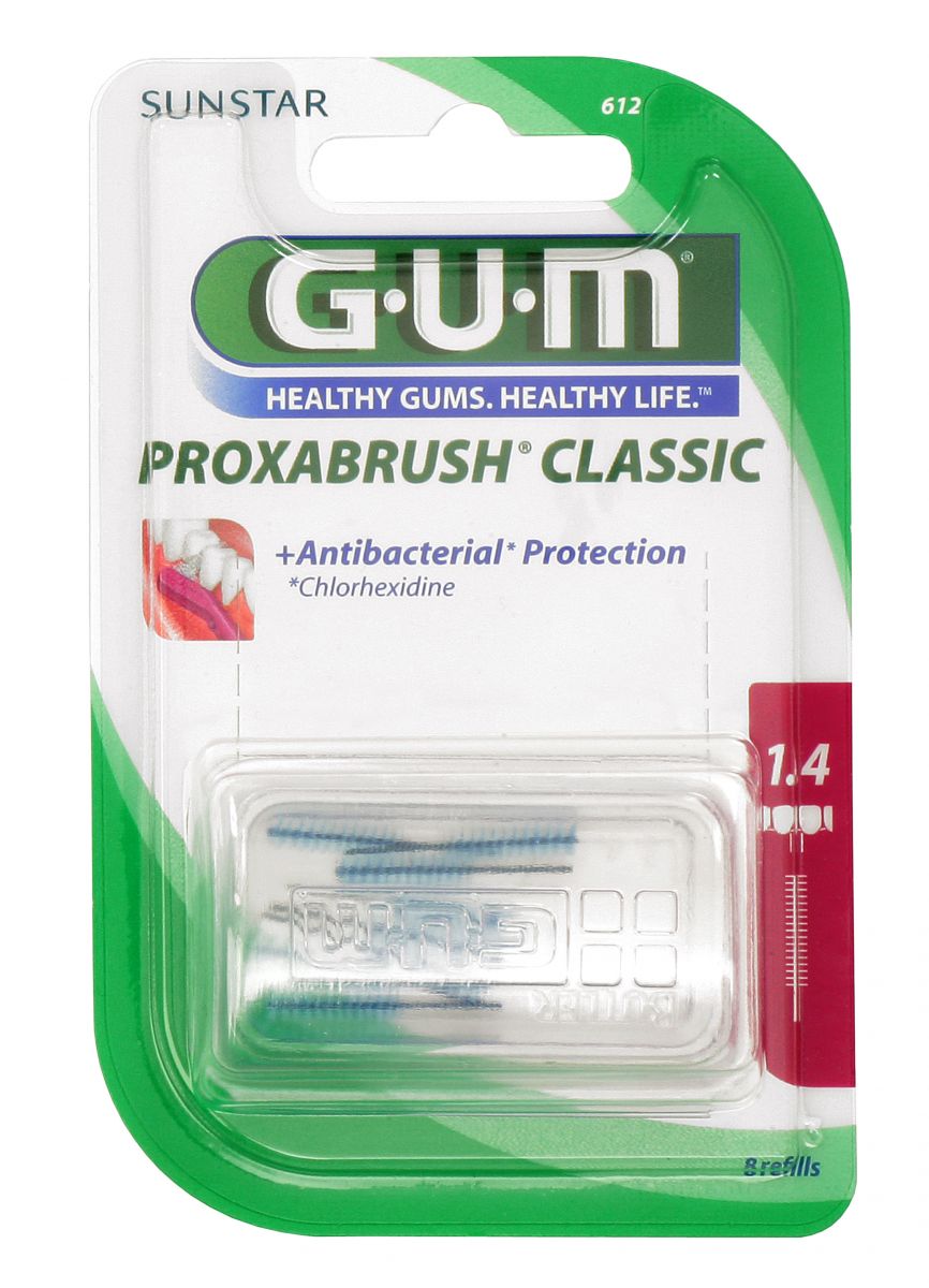 GUM PROXABRUSH CLASSIC Ersatzbürsten in transparenter Verpackung mit antibakteriellem Schutz.