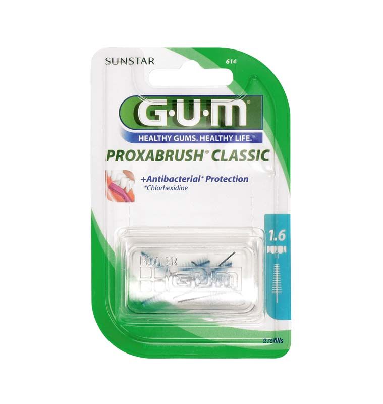 Verpackung der GUM PROXABRUSH CLASSIC Ersatzbürsten mit antibakteriellem Schutz.