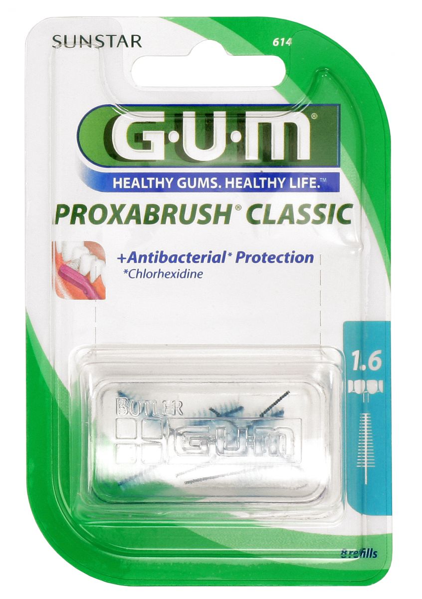 Verpackung der GUM PROXABRUSH CLASSIC Ersatzbürsten mit antibakteriellem Schutz und Größe 1.6.