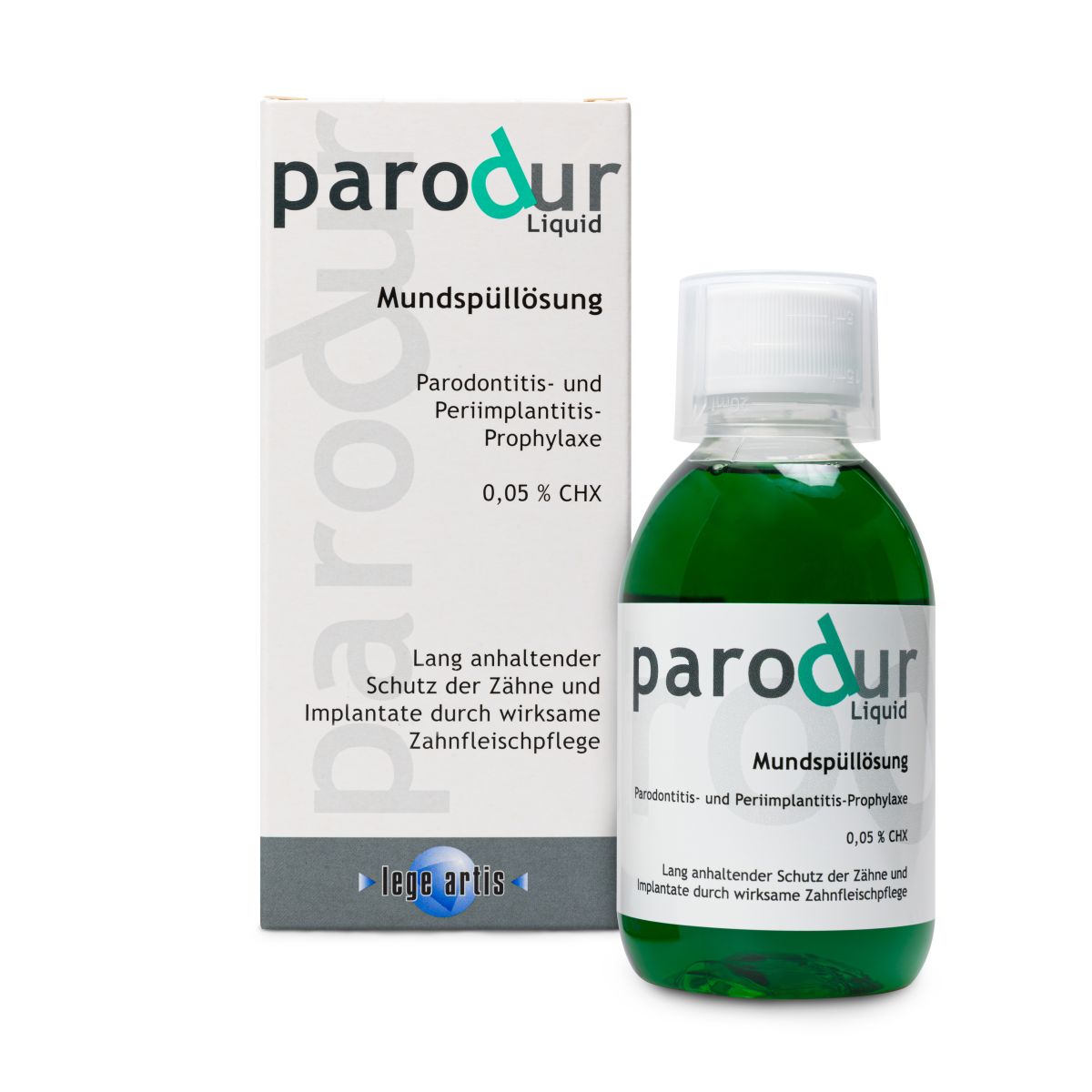 Parodur Liquid Mundspüllösung mit Verpackung, 0,05% CHX, lege artis Serie.