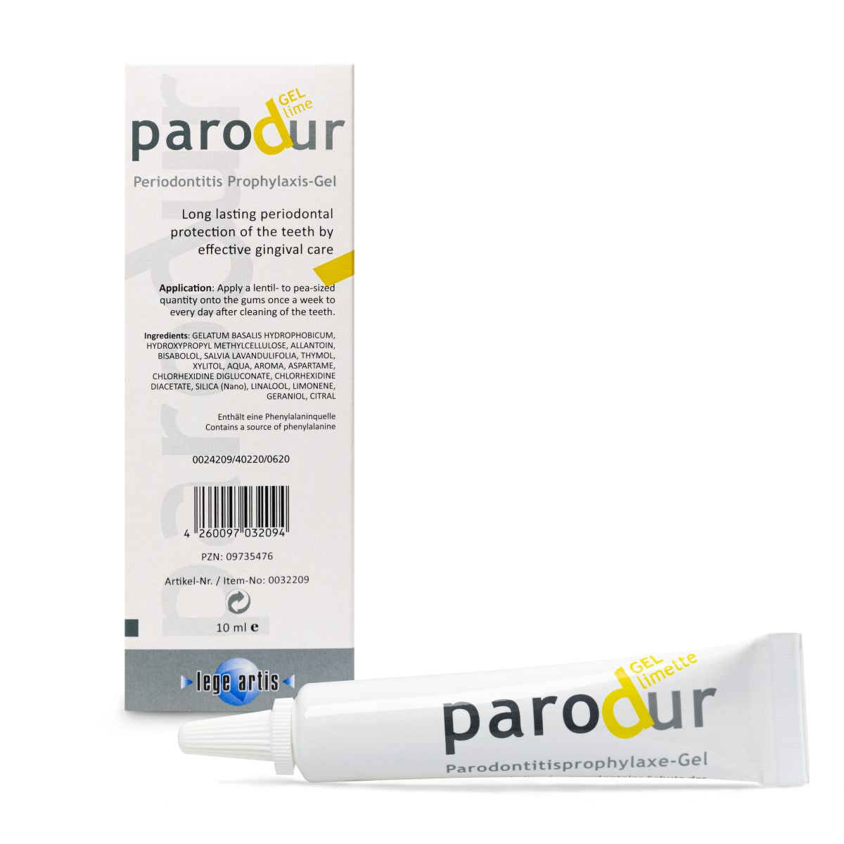Parodur Gel Limette Zahnpflege-Gel mit Verpackung im Hintergrund.