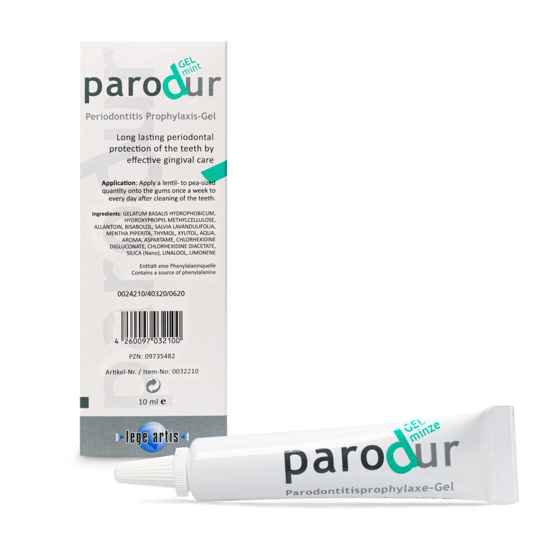 Parodur Gel Minze Tube und Verpackung zur Zahnfleischpflege.