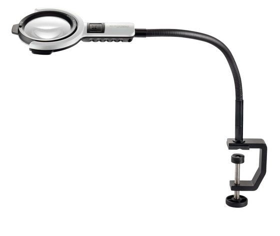 Lupenleuchte vario LED flex mit langem Arm und Tischklemme.
