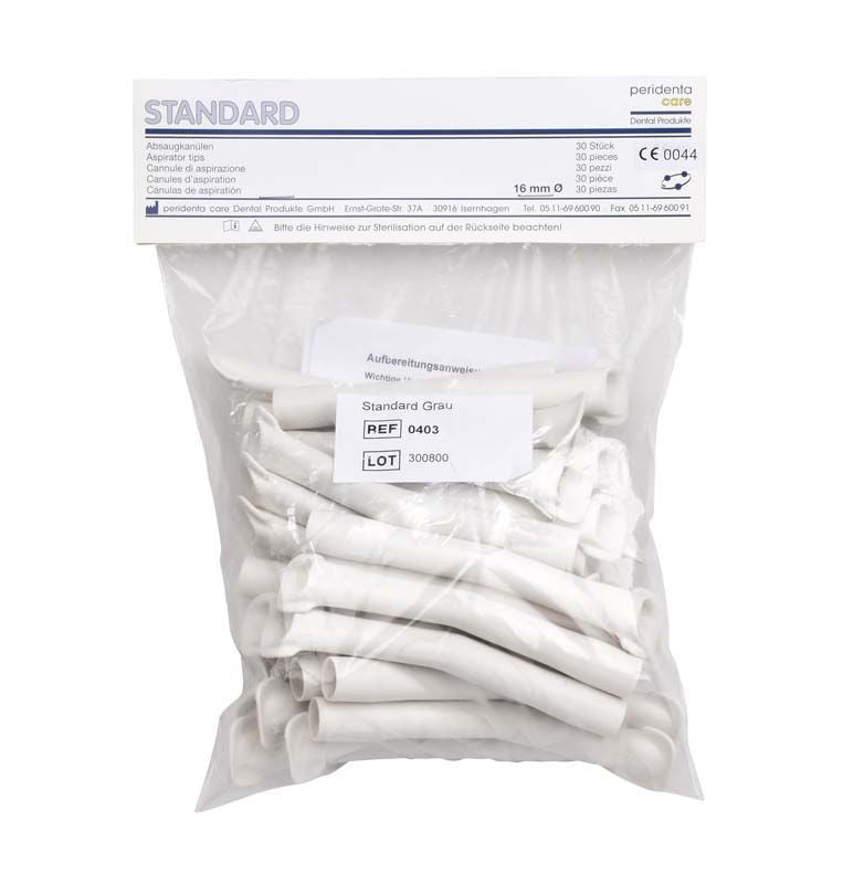 Absaugkanülen standard grau, 30 Stück im transparenten Beutel verpackt.