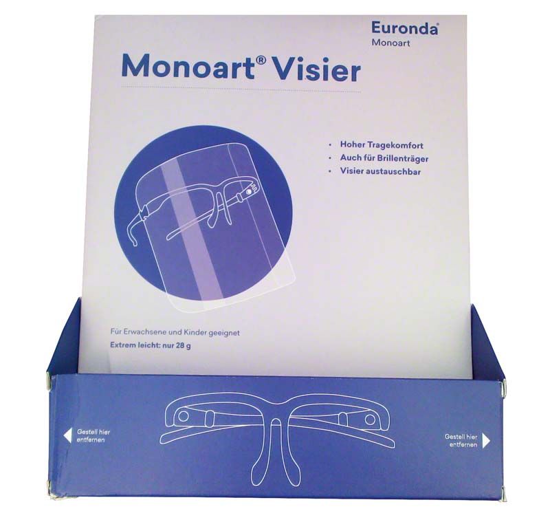 Monoart Visier Verpackung mit Darstellung des Gesichtsschutzes und Produktinformationen.
