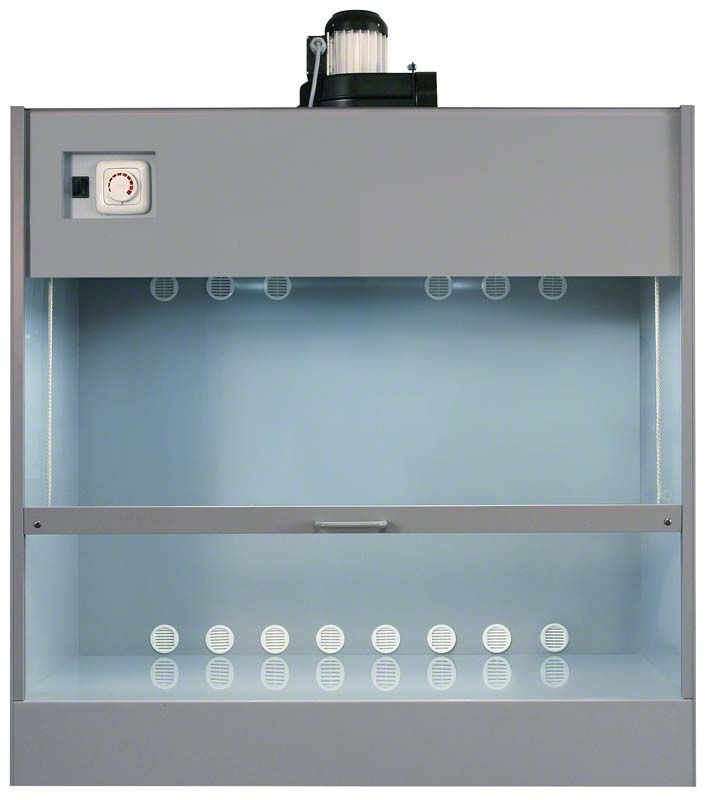 Abzugsschrank mit integriertem Abspülbecken und Abluftfilter.