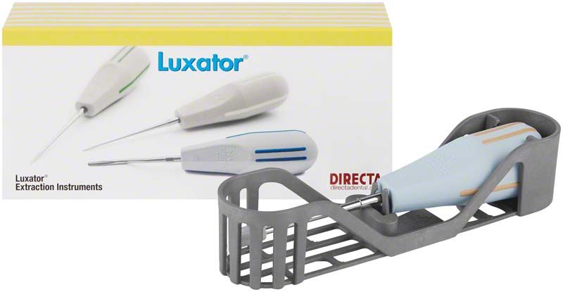 Luxator® Short Periotome S5S mit Verpackung und Instrument in Halterung.