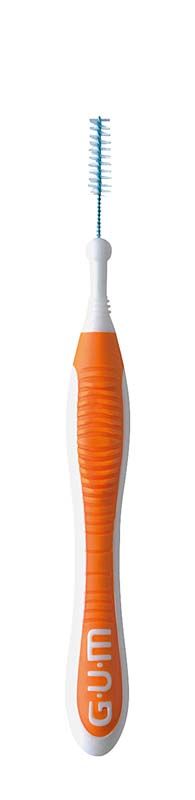 Interdentalbürste mit ergonomischem Griff und orangefarbener Oberfläche.