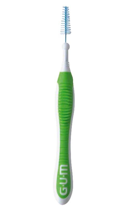 Grüne GUM TRAV-LER Interdentalbürste mit flexiblem Bürstenhals.