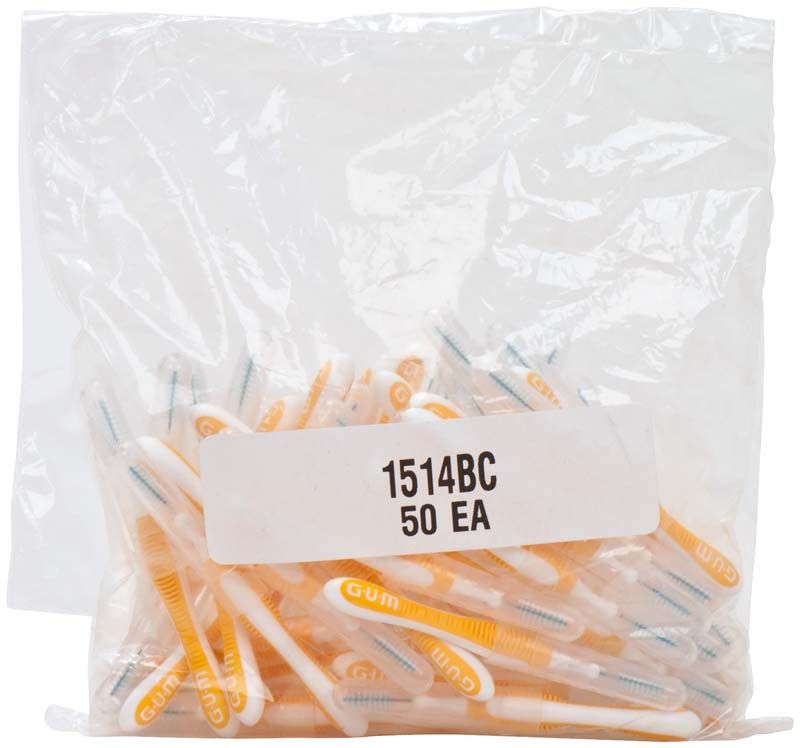 GUM® TRAV-LER® Interdentalbürsten im transparenten 50er Beutel mit gelben Griffen.