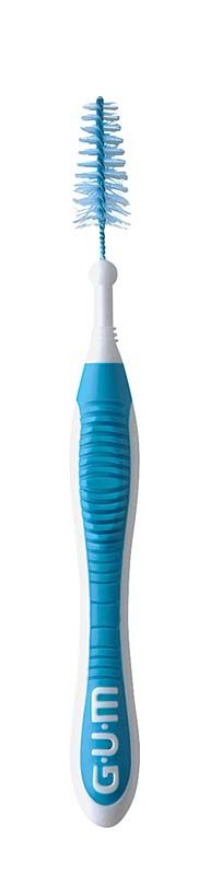 Interdentalbürste GUM® TRAV-LER® mit blauem ergonomischem Griff und Bürstenkopf.