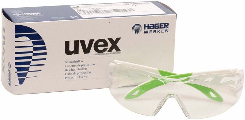 Uvex iSpec Pure Fit Schutzbrille mit weiß-grünem Gestell vor Verpackung.