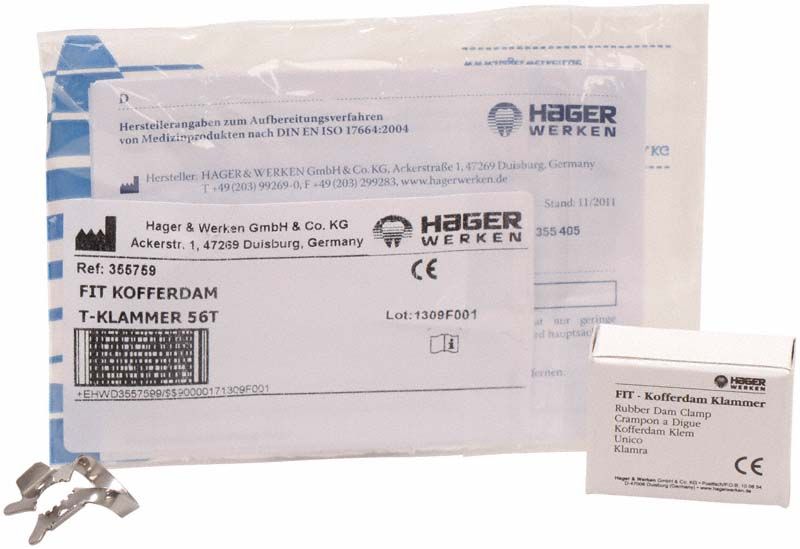 Fit-Kofferdam® T-Klammer 56T für Molaren mit Verpackung und Produktansicht.