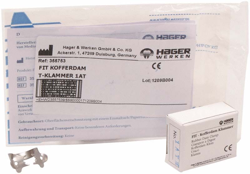 Fit-Kofferdam® T-Klammer 1AT für Molaren, Verpackung und Klammer sichtbar.