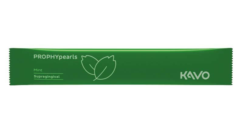 Grüne PROPHYpearls Sticks Verpackung mit mintfarbenem Blatt-Design und KAVO-Logo.