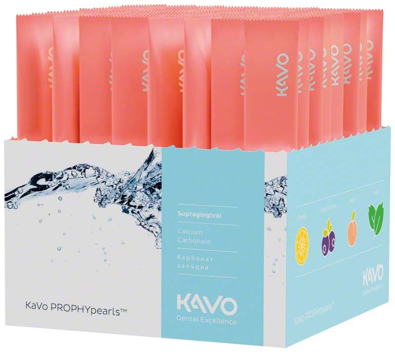 PROPHYpearls Sticks in peachfarbenem Displaykarton mit Illustrationen und Produktinformationen.