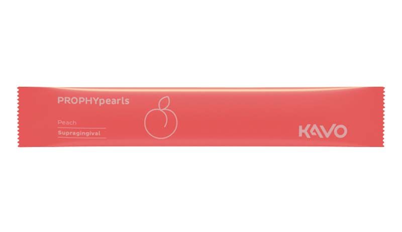 PROPHYpearls Sticks in peachfarbener Verpackung mit Pfirsichsymbol und KAVO-Logo.