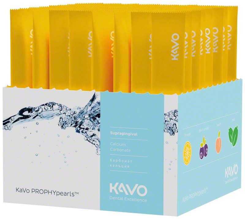 PROPHYpearls Sticks orange in gelber Verpackung im Displaykarton mit Aufschrift.