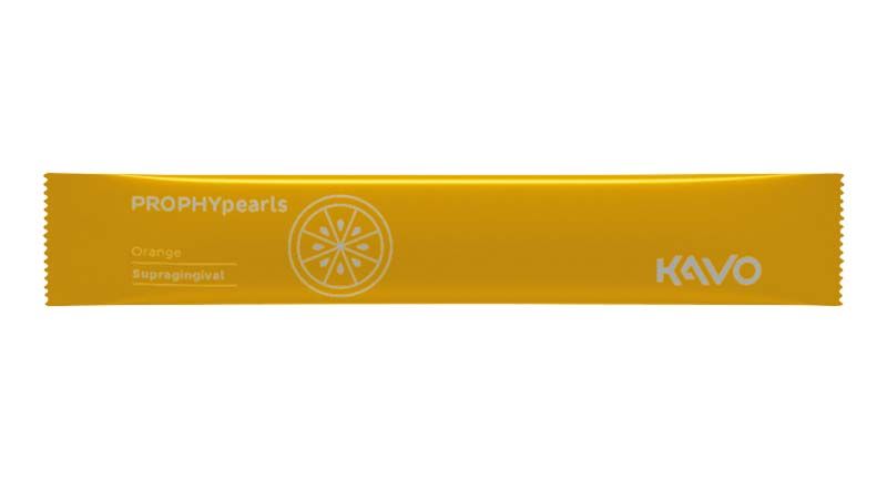 PROPHYpearls Sticks orange in gelber Verpackung mit KAVO-Logo und Orangenmotiv.