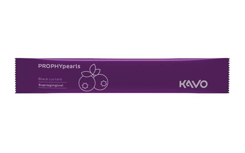 PROPHYpearls Sticks schwarze Johannisbeere in lila Verpackung mit KAVO-Logo.