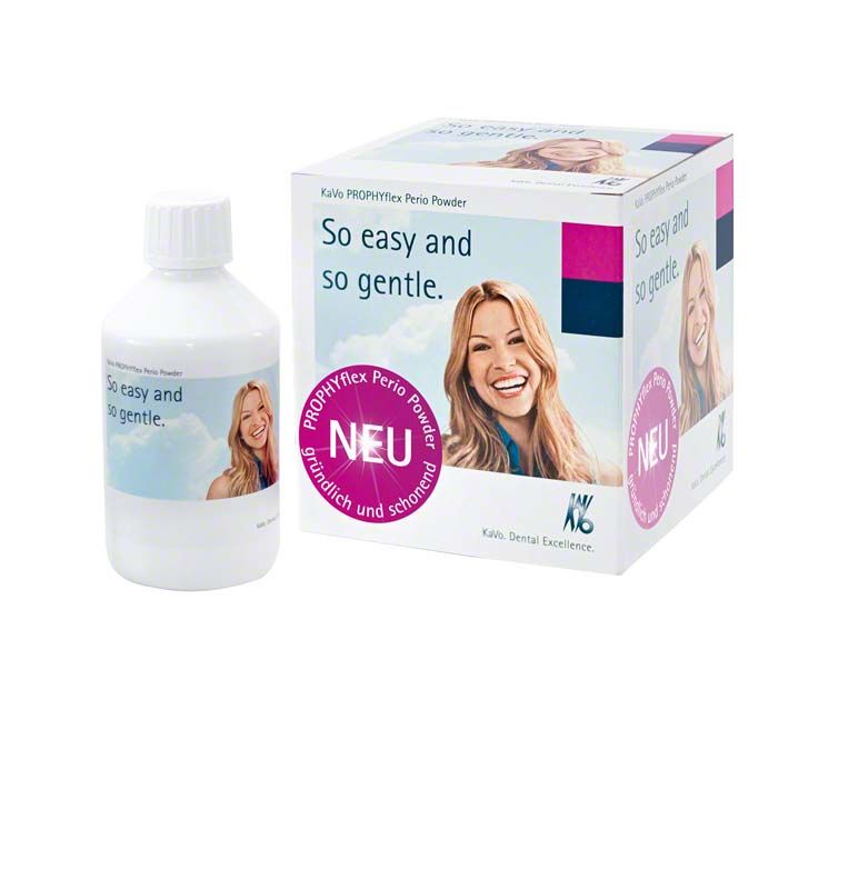 PROPHYflex™ Perio Powder Flasche und Verpackung mit Werbetext und Grafik.