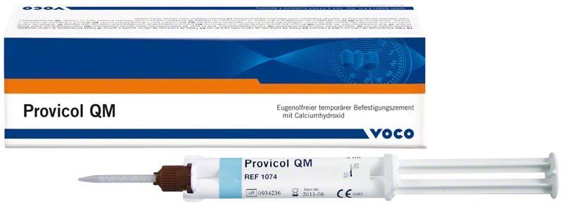 Provicol QM Befestigungszement-Spritze und Verpackung mit Produktinformationen.