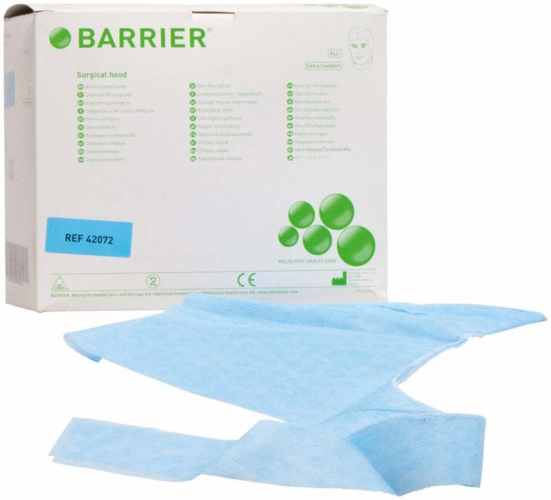 Barrier OP-Haube in Blau vor Verpackung mit grünem Aufdruck.