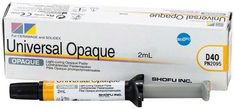Lichthärtende Pastenopaker-Spritze "Universal Opaque" mit Verpackung im Hintergrund.