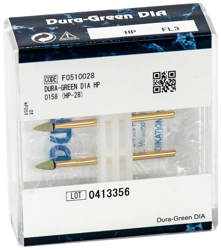 Dura-Green® DIA - HP FL3 Keramischer Schleifer in Verpackung mit zwei Schleifern.