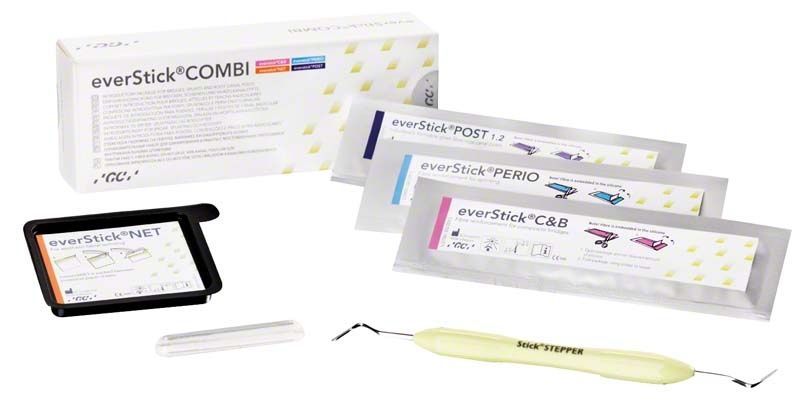 everStick®COMBI Zahnproduktset mit Verpackungen und zahnmedizinischem Werkzeug.