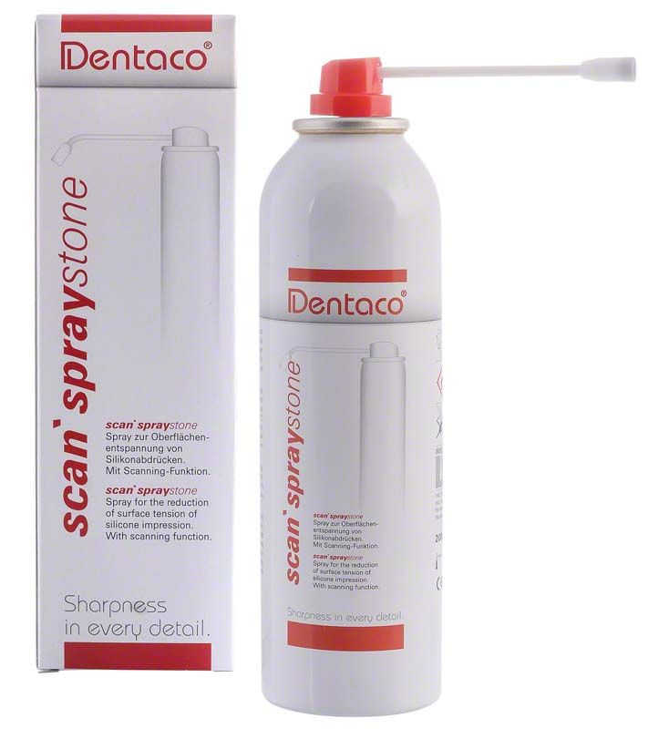 Spraydose scan`spray stone von Dentaco mit Verpackung im Hintergrund.