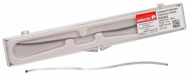 Diamantstreifen 45 Mikron blau, verpackt in transparentem Etui mit Etikett.