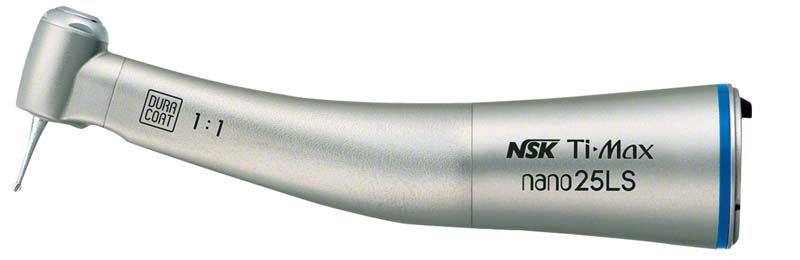 Zahnärztliches Handstück Ti-Max nano 25LS blau mit Licht im Detailansicht.