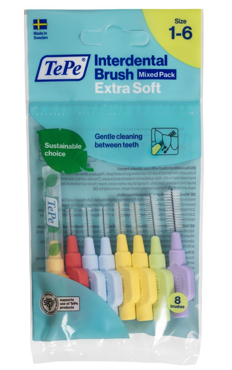 Mehrfarbige TePe Interdentalbürsten Extra Soft in Verpackung.