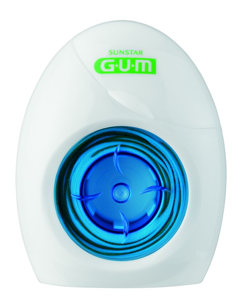 GUM ACCESS FLOSS in s-förmiger Verpackung mit blauem Spender.