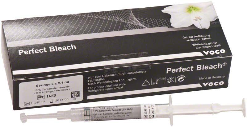 Perfect Bleach 16% Spritzen Refill für Zahnaufhellung, Verpackung und Spritze sichtbar.