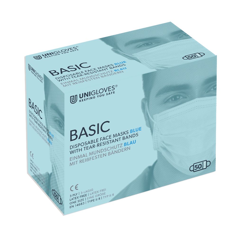 Einmal-Mundschutz Basic blau Verpackung mit Tragekomfort und Nasenbügel.