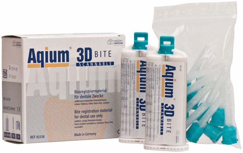 Verpackung von Aqium 3D Bite mit Bissregistrierungsmaterial und Zubehör.