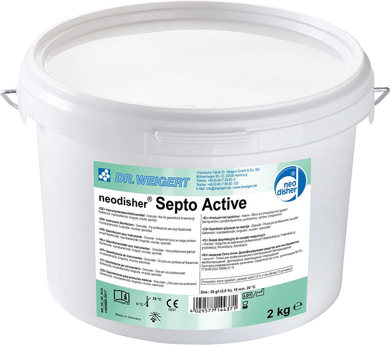 Weiße Kunststoffdose mit Aufschrift "neodisher Septo Active", 2 kg Füllmenge.