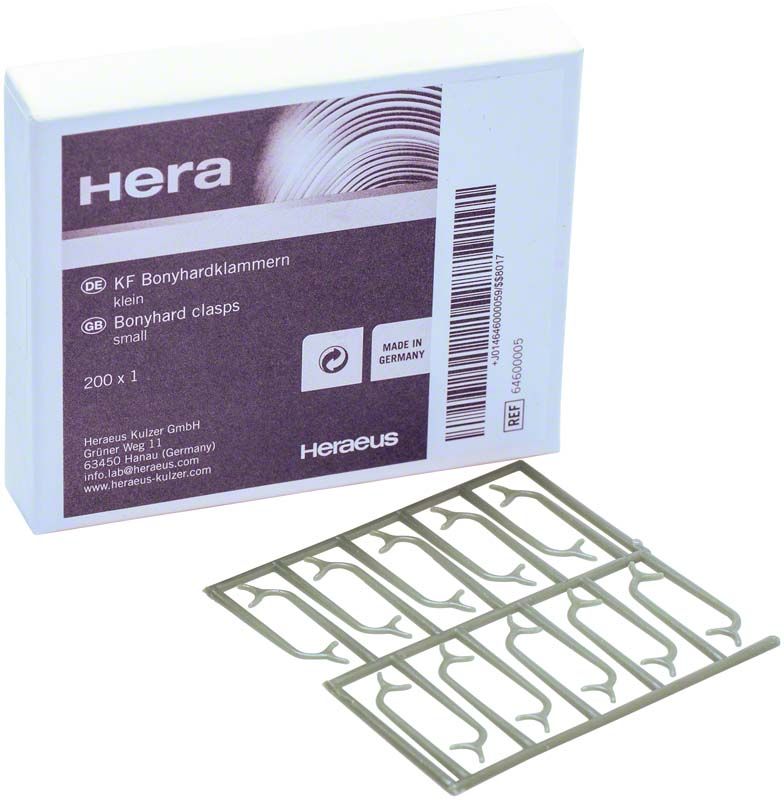 KF-Wachsklammern Bonyhardklammern klein neben Verpackung.