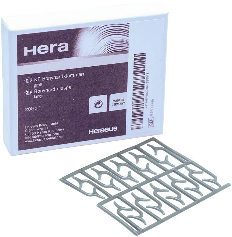 KF-Wachsklammern Bonyhardklammern groß, Verpackung und Metallklammern sichtbar.