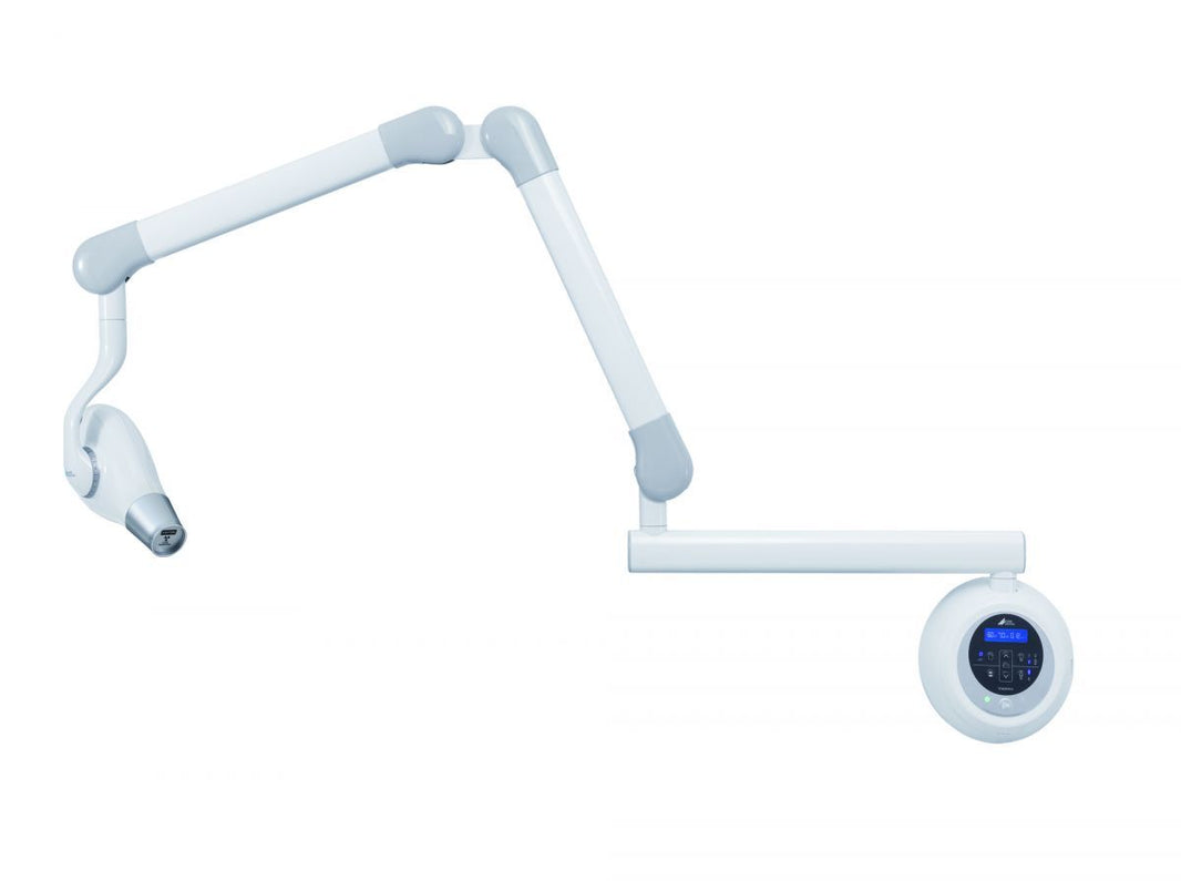 Intraorales Röntgengerät VistaIntra DC mit kurzem Arm in Weiß und Grau.