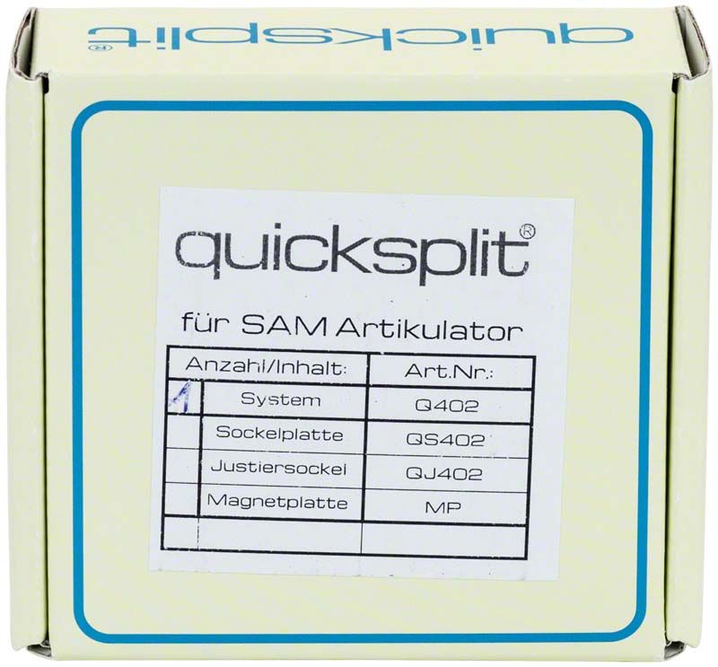 Verpackung des Quicksplitsystems für SAM Artikulator mit Produktdetails.