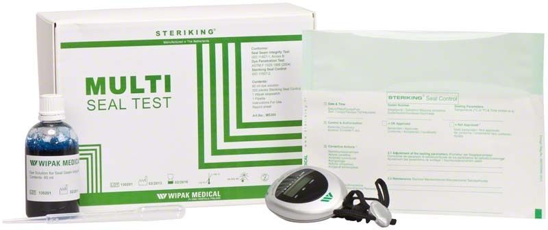 Steriking Multi Seal Test Kit mit Verpackung, Testlösung und Zubehör.