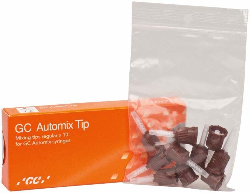 Orange Verpackung mit G-CEM Automixspitzen und Beutel mit braunen Mischkanülen.