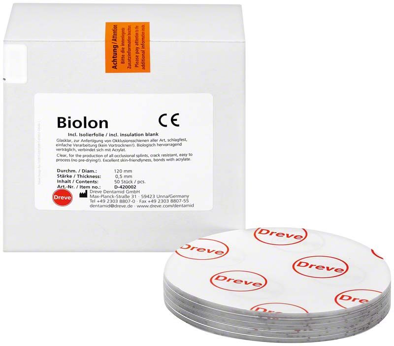 Biolon Tiefziehfolie 120 x 0,5mm, verpackt in weißer Box mit Dreve-Logo.