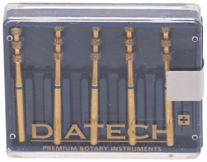 Verpackung von Diatech Diamant FG G834-314-021-6.8-ML mit fünf rotierenden Instrumenten.