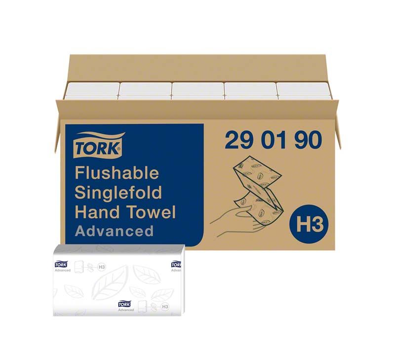 Tork® Advanced schnellauflösendes Handtuch in geöffneter Verpackung mit Zieh-Illustration.