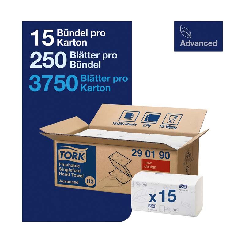 Offene Verpackung der Tork® Advanced Einmalhandtücher mit Produktinformationen.